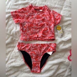 NWT Zella Girls Orange and White Tie-Dye Rashguard Set - size 14